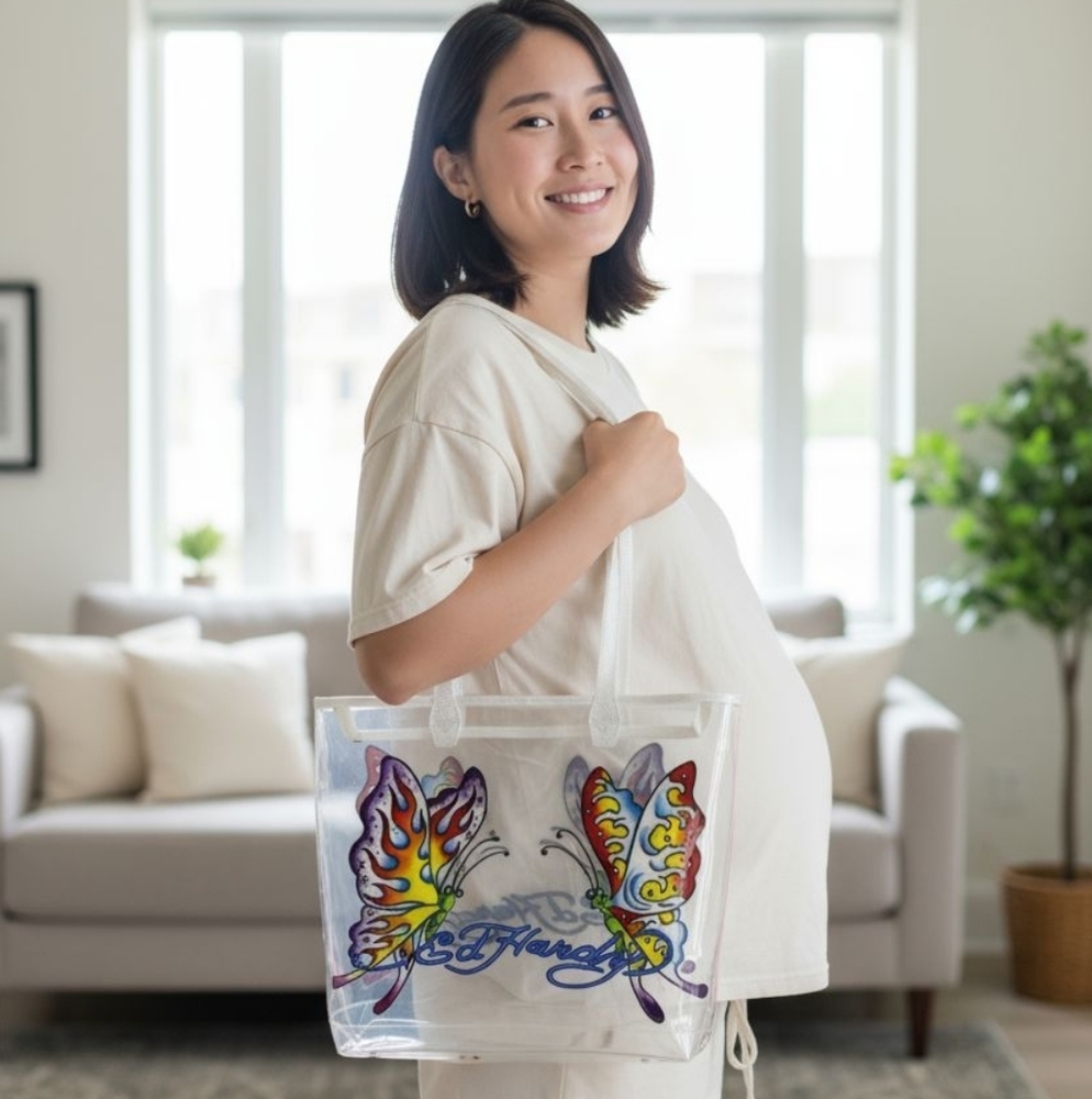 Ed Hardy Clear Tote with Colorful Butterfly Design